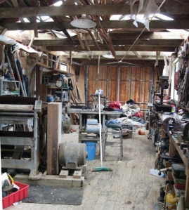Inside Larry Pardey's boat shed.