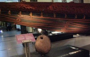 Maori canoe carvings and anchor
